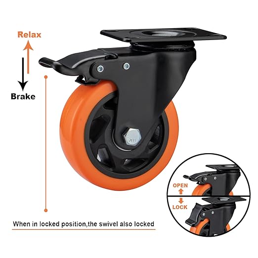 4" Caster Wheels, Casters Set of 8 Heavy Duty - Orange Polyurethane Castors, Top Plate Swivel Wheels, 8 Pack Industrial Casters with Brake, Locking Caster for Furniture and Workbench