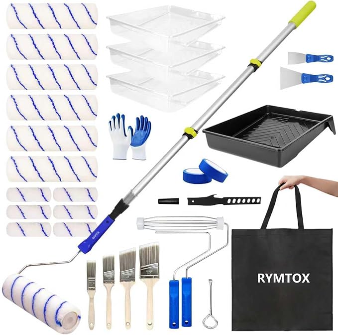 33PCS Paint Roller Kit with Extension Pole | 2?? FT Pole | 9" & 4" Paint Rollers | Carry Bag | 4 Brushes & Tape | Professional Painting Supplies & Paint Brushes Set for Walls Ceilings and Home