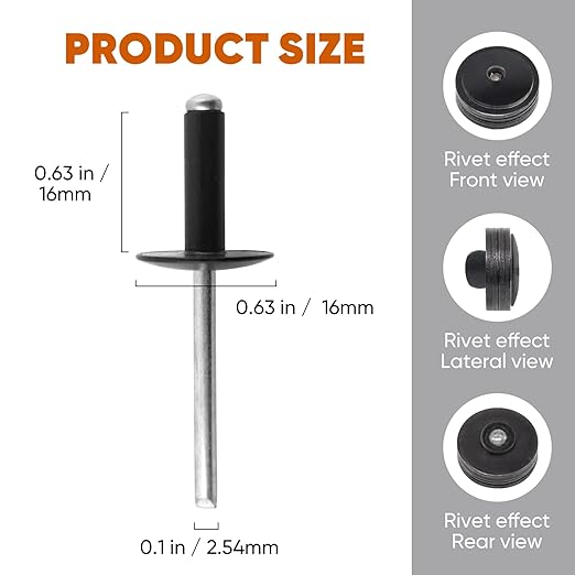 ALLCLEAN (100 pcs) 3/16 * 5/8" Large Flange Open End Black Aluminum Blind Rivets,4.8 * 16 Pop Blind Rivet