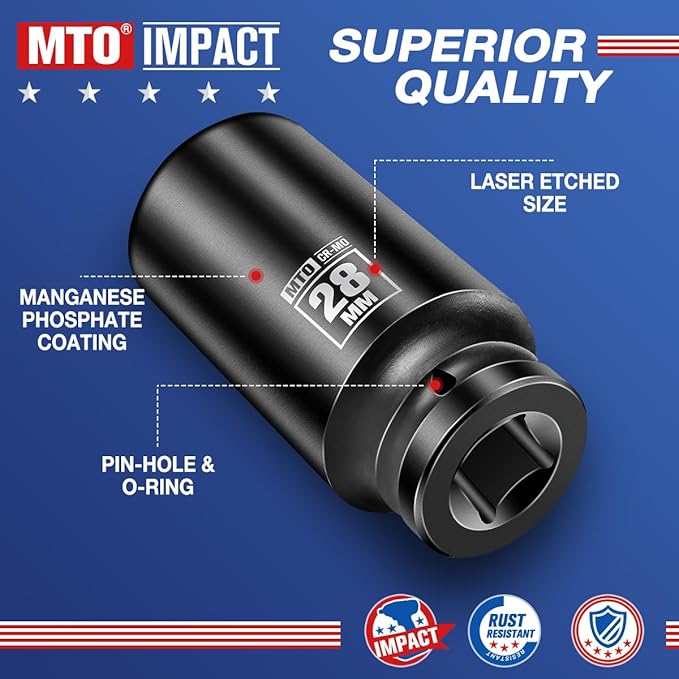 MTO 1/2" Drive 28mm Deep Impact Socket, 6 Pt. Metric Socket, CR-MO Steel & Anti-Corrosion Coating for Heavy-Duty Use