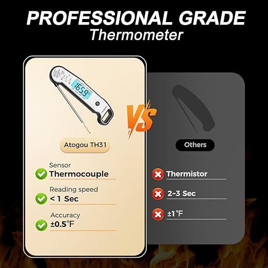 Atogou Professional Food & Meat Thermometer, 1 Sec Instant Read & 짹0.5??Accuracy, Thermocouple Sensor, IP67 Waterproof Digital Thermometer for Cooking, BBQ, Grill Gifts for Men Him Dad Birthday