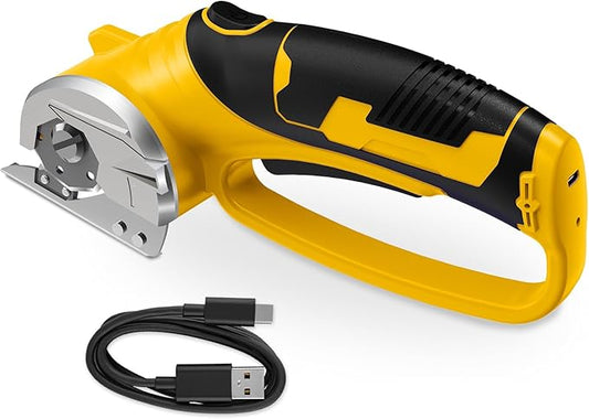 Cordless Electric Scissors, 4V Rechargeable Box Cutter & Cardboard Cutter with Titanium Blade, LED Light, Safety Lock - Rotary Cutter for Fabric, Leather, Carpet, Plastic, Crafting, Sewing(Yellow)
