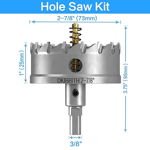 DKIBBITH TCT Hole Saw Set, 2-7/8"(73mm) Heavy Duty Tungsten Carbide Tipped Hole Cutters for Stainless Steel, Copper, Iron, Brass, Plastic with Titanium-Plated Pilot Drill Bits.