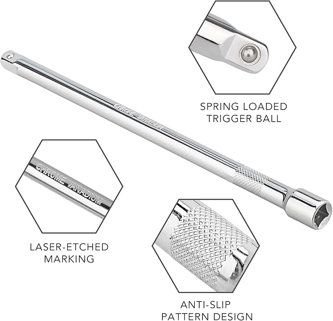 3/8 Inch Drive Socket Extension Bar Set?밒ncludes 3", 6", 10" Chrome Vanadium Steel Extensions with Silver Mirror Finish for Ratchet Drive, Automotive and Home Tool Use,3PC