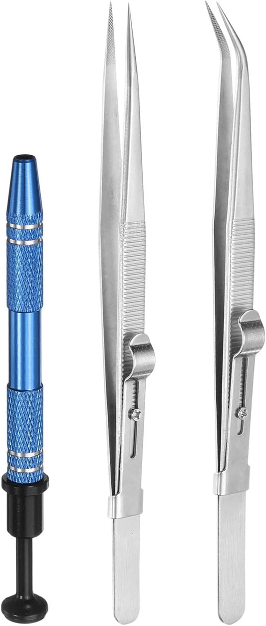 HARFINGTON 3pcs Diamond Tweezer Holder Pick Up Tool Set Stainless Steel 4 Claw Holder Straight/Elbow Head Jewelry Locking Tweezer for Tiny Objects Electronic Components, Silver/Blue