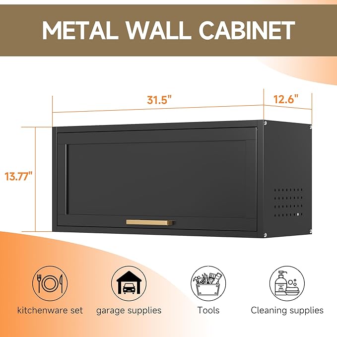 Coolsun Metal Wall Cabinet, Garage Wall Cabinet with Up-Flip Door, 31.5" W Wall Mounted Metal Storage Cabinet for Kitchen,Garage,Basement,Ware House Assembly Required (13.8" H Black)