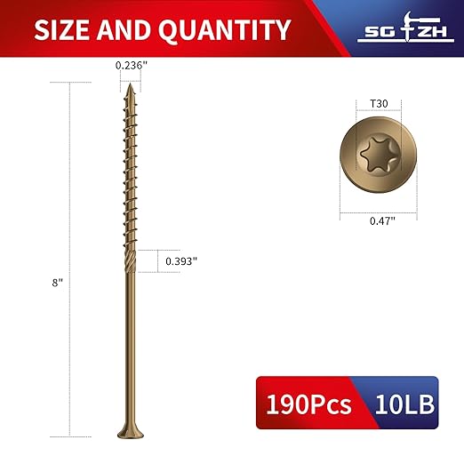 #14 x 8 Inch Deck Screws (190Pcs) 10lb. Carbon Steel, Yellow, Flat Head, Rust Resistant epoxy Coated, with T30 Star Bit