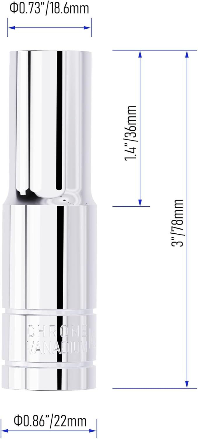 14mm(9/16") Deep Socket, 1/2 Inch Drive, 6-Point, Metric, Heat Treated CR-V Steel Sockets, Full Polishing, 3.1 Inch Length