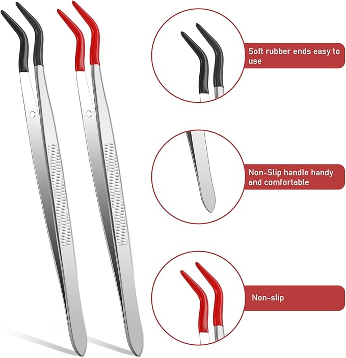 Rubber Tipped Tweezers, 2 Pcs Stainless Steel Curved Craft Tweezers PVC Coated Long Jewelry Tweezer Set for Crafts Stamps Coin Beads Jewelry Industrial Electronic Lab (Red, Black)