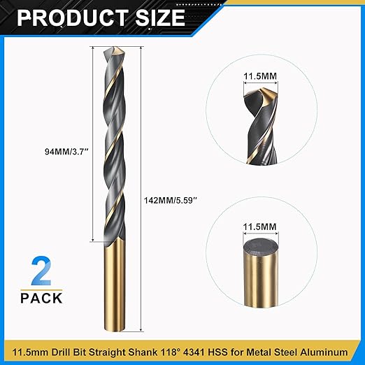 PATIKIL 11.5mm Drill Bit, Jobber Straight Shank 4341 High-Speed Steel 118째 Black and Gold Finish for Medium-Hard Metal Steel Acrylic - 2 Pack