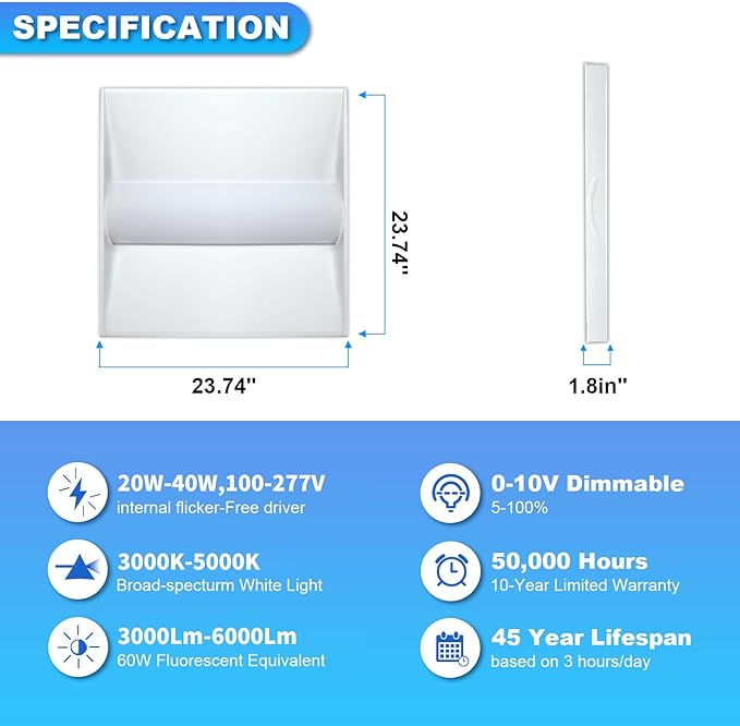 Cortelco 2x2 LED Troffer Light??0W/25W/30W/35W/40W,Up to 6000 Lumens,4 CCT Selectable 3000K/3500K/4000K/5000K,0-10V Dimmable Drop Ceiling Panel ??100-277V,ETL & DLC Listed,Commercial Grade,4-Pack