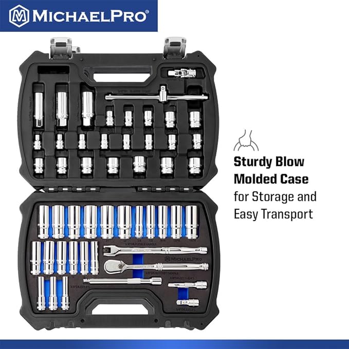 MichaelPro 62-Piece 1/4'' Dr. Socket Set, 90-Tooth Standard & Deep Sockets, SAE 3/16''-1/2'' & Metric 4-12mm, CR-V Steel, 6-Point Design, with Ratchet, Extensions, Spinner Handle, 1/4" Bits | MP005059