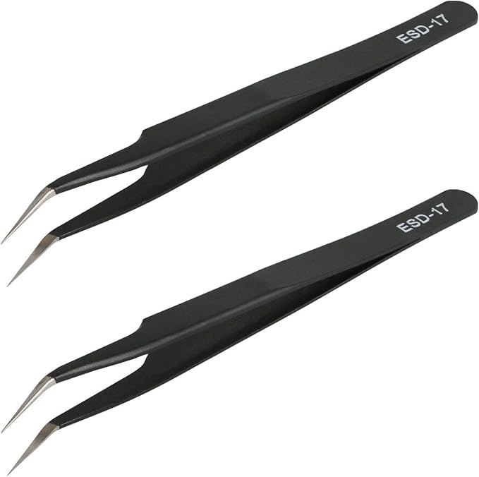 Aoje-Link ESD-17 Professional Anti-Static Precision Technology Tweezers, Non-magnetic Fine Tip Curved, Stainless Steel Plastic Coated, Full Length 125mm, Black, 2pcs