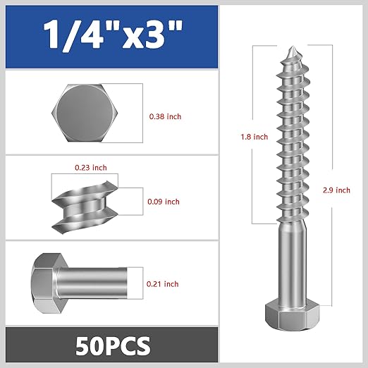 Lag Screws Wood Screws,(50PCS, 1/4"x3", Silver) Hex Head Lag Bolts,(6x75) Heavy Duty Lag Screws,304 Stainless Steel Bolts 18-8