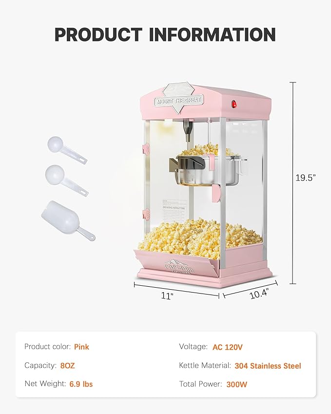 8 Oz Popcorn Machine, Tabletop Popcorn Maker, Countertop Pop Corn Machine Makes Up to 32 Cups, Movie Theater Popcorn Popper Machine with Stainless-Steel Kettle for Home Family, 300 W, Pink