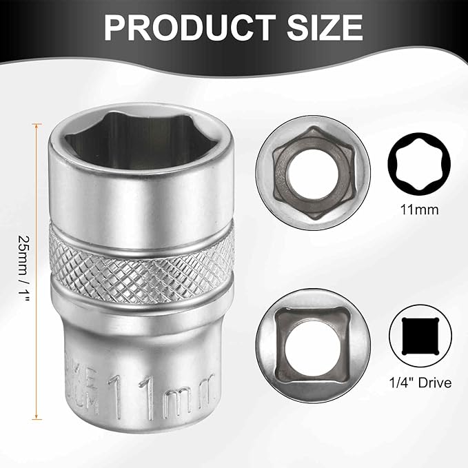 HARFINGTON 6 Points Deep Socket 1/4" Drive 11mm Deep Metric CR-V Steel Polished Nickel Plating Flip Sleeve 25mm / 1" Extra Long Socket Tool for Home Auto Nuts Bolts Repair