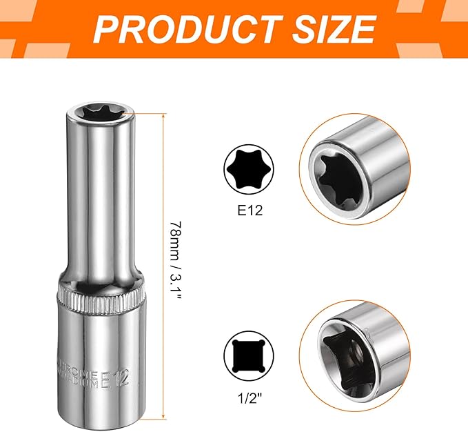 HARFINGTON 2pcs E-Torx Socket 1/2" Drive E12 Star Female Socket 3.1" Length External Torx Deep Sleeve Chrome Plating 6 Point Spline Sleeve for Auto Repairs Home Maintenance