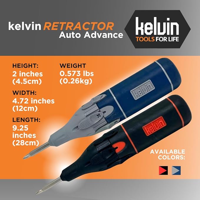 Kelvin Tools Retractor Auto Advance ??Automatic All-in-One Screwdriver, Multi-Head Autoloader 6-in-1 Bit Driver, Versatile Tool, Made in Canada (Navy/Grey)