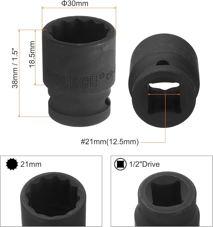 uxcell 1/2" Drive x 21mm Shallow Impact Socket 12-Point Metric CR-MO Steel Nut Impact Grade Socket for Auto Repair