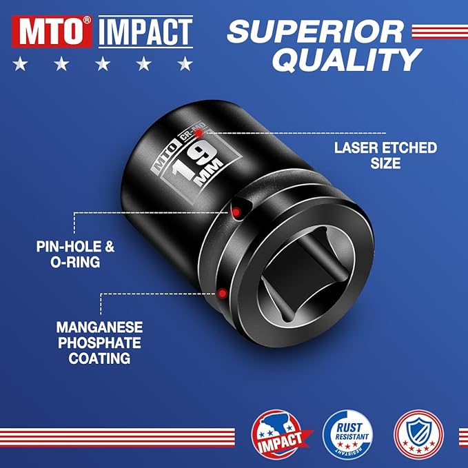 MTO 1/2" Drive 19mm Shallow Impact Socket, 6-Point Metric Socket, CR-MO Steel & Anti-Corrosion Coating for Tight Spaces and Heavy-Duty Tasks
