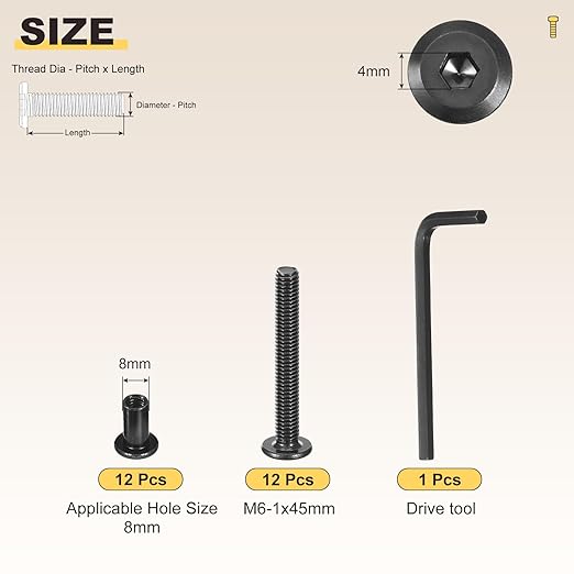 METALLIXITY Furniture Crib Screws Replacement Set with Wrench(M6-1x45mm) 25Pcs, Connector Bolts M6 Screw Barrel Nuts Binding Screws, for Chair Cabinet Bed, Black