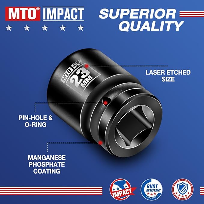 MTO 1/2" Drive 23mm Shallow Impact Socket, 6-Point Metric Socket for Automotive Maintaince, CR-V Steel Meets ANSI Standards