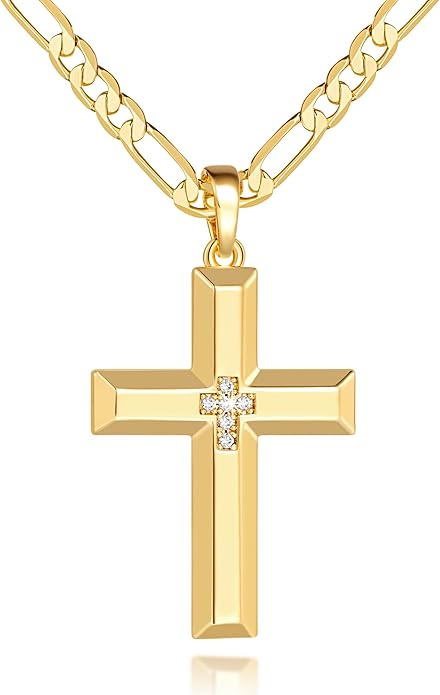 Cross Necklace for Men Gold Cross Necklace for Men 14K Gold Crosses Figaro Chain Pendant for Mens Crosses Necklaces Broad Subtle Sparkle with Cubic Zirconia Necklaces for Mens Chain 20/22/24 inches