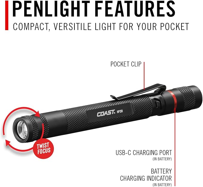 Coast HP3R 500 Lumen Rechargeable LED Penlight with Twist Focus, Orange
