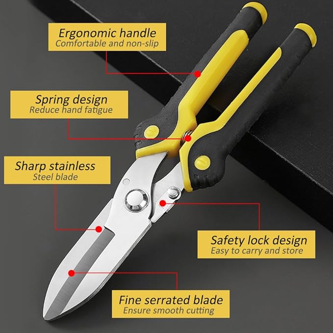 Scissors Heavy duty 9-inch, Shears Multipurpose, Stainless Steel Serrated Blades, Easy Cutting Iron Sheet, Leather, Tin, Wires, Cardboard