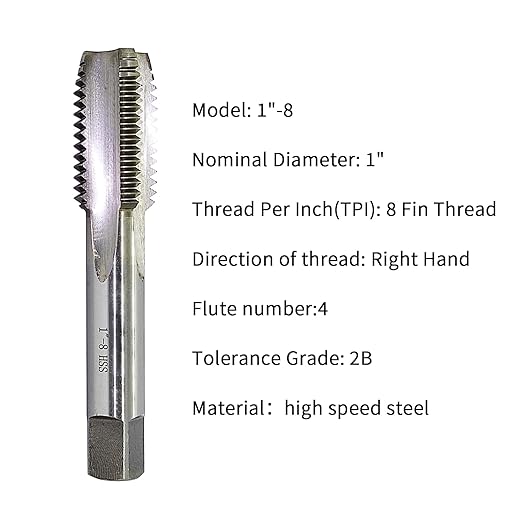 Lzcdelyxiao 1"-8 Tap Right Hand Straight Flute Thread Tap Machine Tap UNC 1"-8 TPI Nominal Diameter 1" Thread Per Inch 8 Fin Thread Tolerance Grade 2B Tapping Thread High Speed Steel HSS