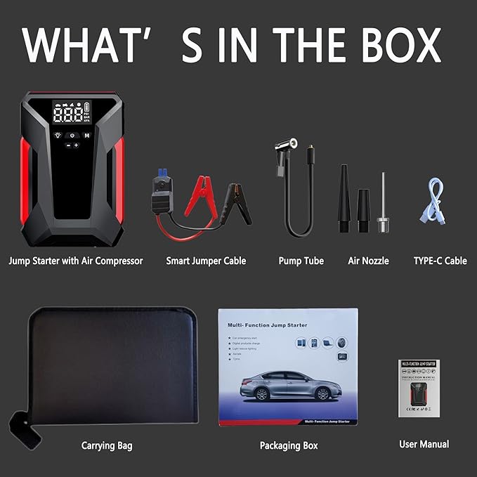 Car Jump Starter with Air Compressor, 4000A Portable Car Battery Jump Starter (8L Gas/6L Diesel), 12V Battery Charger Booster,150PSI Auto-Shutoff Tire Inflator, Portable Jumper Cables