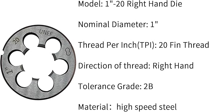 Lzcdelyxiao 1"-20 Die UNEF 1"-20 TPI Right Hand Nominal Diameter 1" Thread Per Inch 20 Fin Thread Tolerance Grade 2B Right Hand Thread High Speed Steel HSS