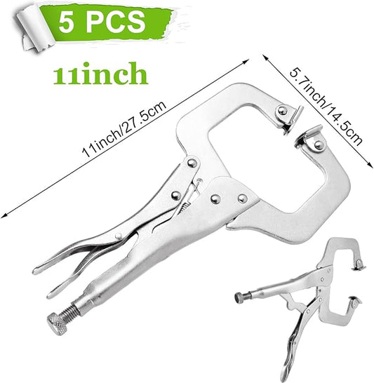 SHUESS 5 Pcs C Clamp Locking Pliers 11 Inch Vise Grip Clamps, Adjustable Welding Clamp with Regular Tip and Swivel Pad for Woodworking, Carpentry, Cabinetry, Welding and Repair