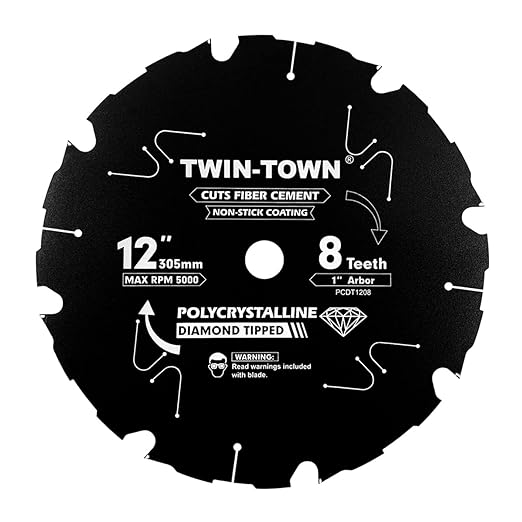 TWIN-TOWN 12 Inch 8 Tooth Polycrystalline Diamond Tipped (PCD) Hardie Fiber Cement Saw Blade with 1 Inch Arbor