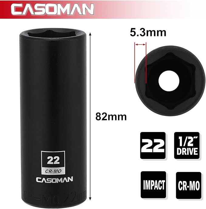 CASOMAN 1/2-Inch Drive x 22mm Deep Impact Socket, 6-Point, Metric, CR-MO