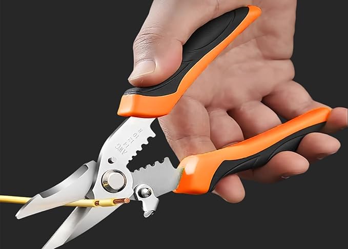 Scissors All Purpose Heavy Duty - Electrician Scissors for Cutting/Stripping Wires - Sharp Shears With Serrated Blades - Utility Snips Easy Cutting Carpet/Cardboard/Wires/