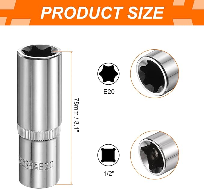 HARFINGTON E-Torx Socket 1/2" Drive E20 Star Female Socket 3.1" Length External Torx Deep Sleeve Chrome Plating 6 Point Spline Sleeve for Auto Repairs Home Maintenance