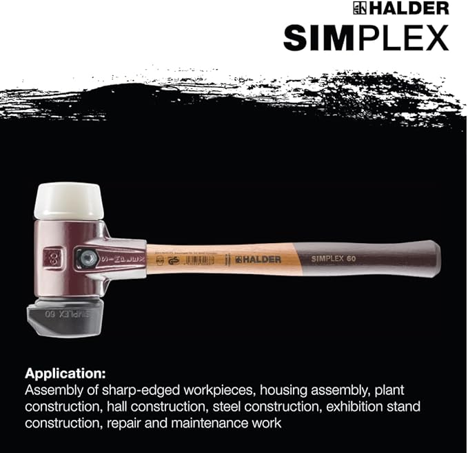 Halder Simplex Soft-Faced Mallet 3028.260 - Medium-Hard "Stand-Up" Rubber Insert, Hard Nylon Insert, Cast Iron Housing with Handle Protection Sleeve, Varnished Wooden Handle, 60mm, 3.4 lbs.