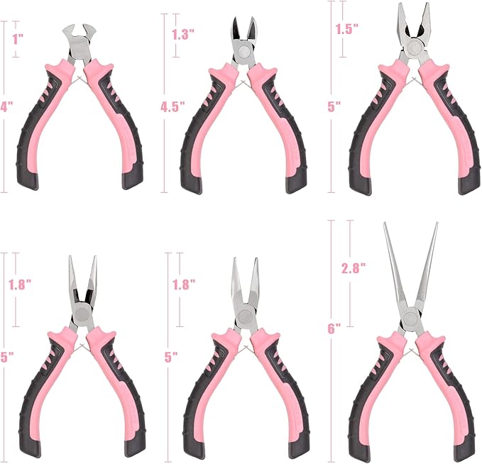 COMOWARE 6-Piece Mini Pliers Set, Needle Nose, Long Nose, Bent Nose, Diagonal, End Cutting and Linesman, for Crafts Work, Electronic Repair, with Pink Pouch