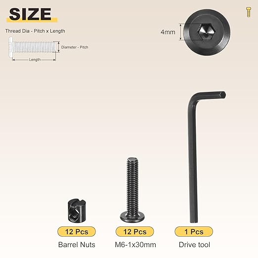 METALLIXITY Furniture Crib Screws Replacement Set with Wrench(M6-1x30mm) 24Pcs, Galvanization Connector Bolt M6 Screw Barrel Nuts Binding Screws, for Chair Cabinet Bed, Black