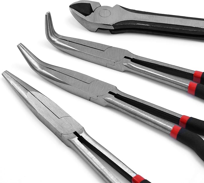 4-Piece 11" Extra Long Needle Nose Pliers Set with Insulated Comfort Grip, Straight Long Reach, 45/90째Bent Nose & Diagonal Pliers for Bending, Shaping & Trimming in Narrow Spaces