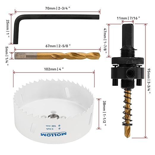 Mollom (102mm | 4") HSS M42 with 8% Cobalt BI-Metal Hole Saw with 2 Pilot Drill Bits & Arbor Smooth Cutting for PVC,Drywall,Wood,Plastic,Gypsum Board,Rubber