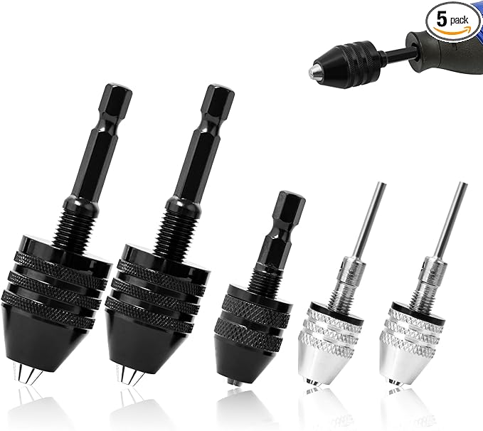 Hakkin 5Pcs Keyless Drill Chuck for Impact Driver, 1/4" Hex Shank 1/8" 1/16" Round Shank Drill Chuck, Drill Bit Adapter Quick Change Adapter for Impact Drill Tool