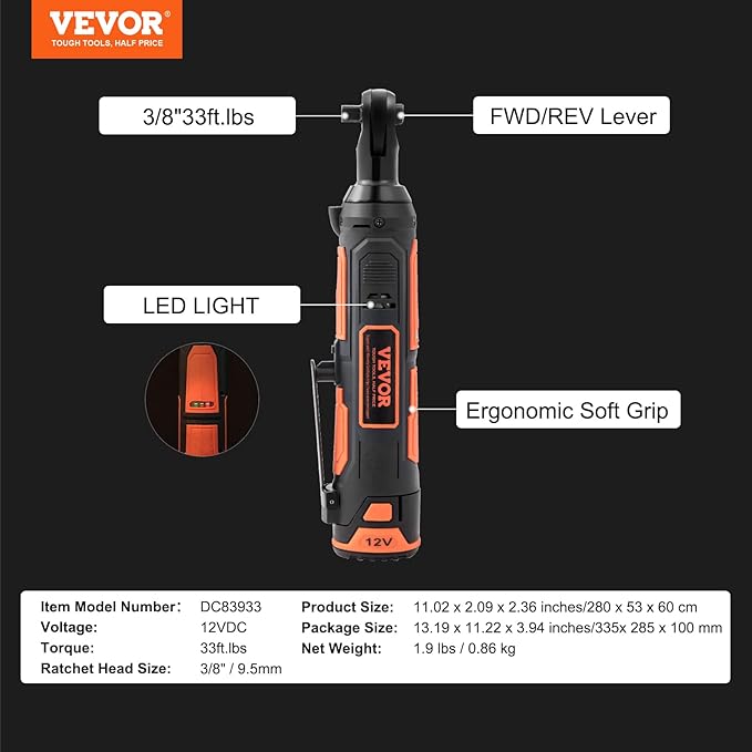 VEVOR 3/8" Cordless Electric Ratchet Wrench Set, 33 Ft-lbs 12V Power Ratchet Tool Kit with 45-Min Fast Charge, 2-Pack 2.0Ah Battery, Built-in LED Light, Variable Speed Trigger, 10 Sockets