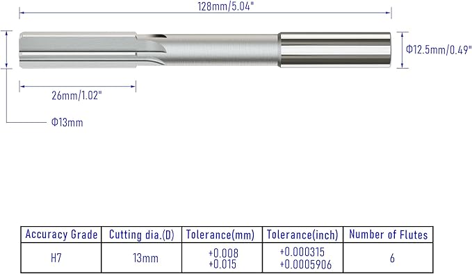 Chucking Reamer 13mm, H7 HSS Cobalt M35 Lathe Machine Reamer Metric, 6 Straight Flutes, Round Straight Shank Milling Cutting Tool, for Stainless Steel Alloy Copper Metal