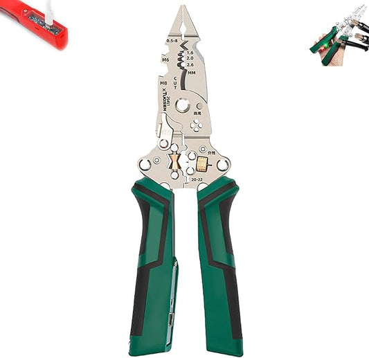 16 in 1 Wire Stripper Twister for Cutting and Pulling Wires, Cable Scissors, Voltage Tester Pliers, 12V to 250V Live, Professional Wire Stripper Electrical Pliers (Green)