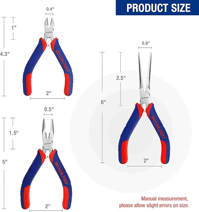 WORKPRO Mini Pliers Set, 3-Piece Small Pliers Tool Kit Includes 4??Diagonal Plier, 5??Long Nose Plier, 6??Needle Nose Plier, for Making Crafts, Repairing Electronic Devices