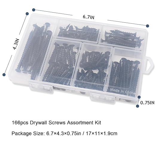 High Hardness Drywall Screws Assortment Kit, 166 pcs, Coarse Thread, Phillips Drive, Black Wood Screws, Screws Assortment, Screws Set, 6 Sizes (3??2??1-1/2??1-1/4??1??3/4??