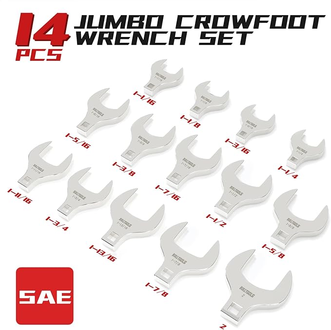 BULLTOOLS 1/2" Drive Jumbo Crowfoot Wrench Set,14-Piece SAE Crows Foot Wrench Set 1-1/16" to 2" Chrome Vanadium Steel Big Crowfoot Wrench
