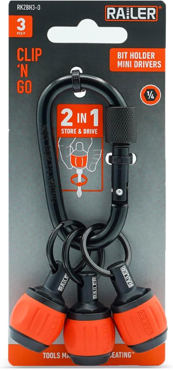 Bit Holder Key Chain Screwdrivers - Railer Heavy Duty 1/4" Hex Soft Ball Grip Bit Holders & Secure Keychain Carabiner. HVAC Tools w/Quick Release For Nut Drivers, Impact Driver & Drill Bits